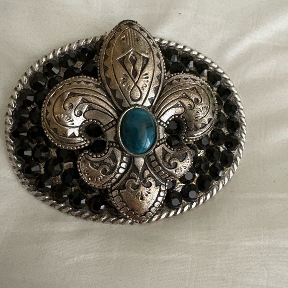 Stylish Black Belt with Silver and Turquoise Buckle - Picture 2 of 3